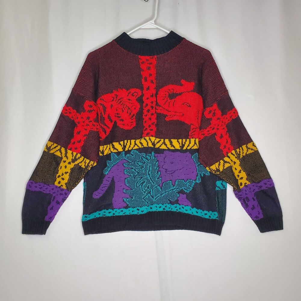 Vintage Animal Sweater Women L Multicolor Safari Color Block Crew Dolman 80s‎